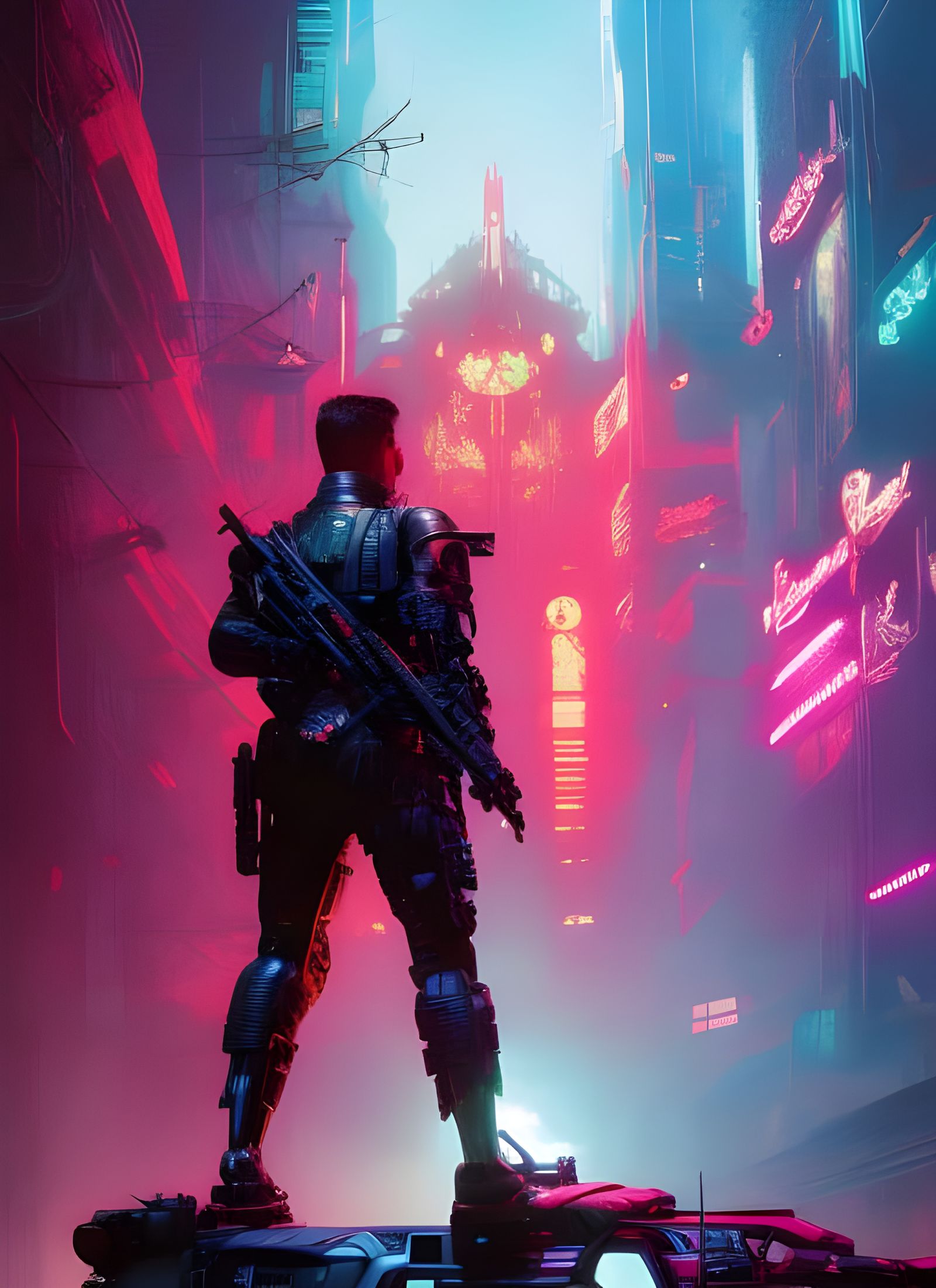 Cyberpunk Bounty Hunter in Neon Space Station