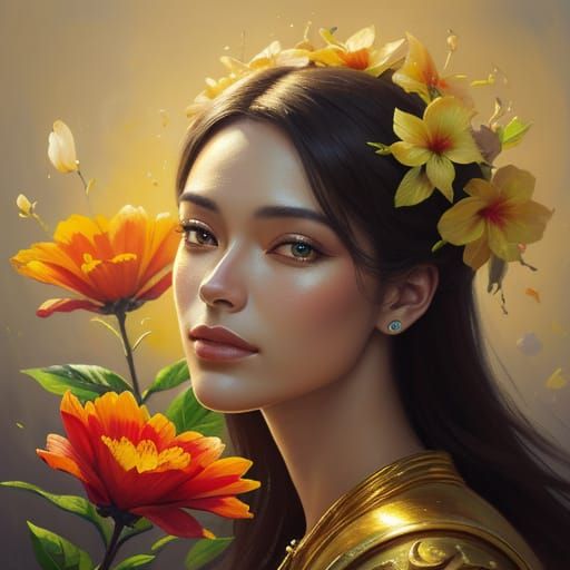 Woman Holding Glowing Flowers in Vibrant Oil Painting
