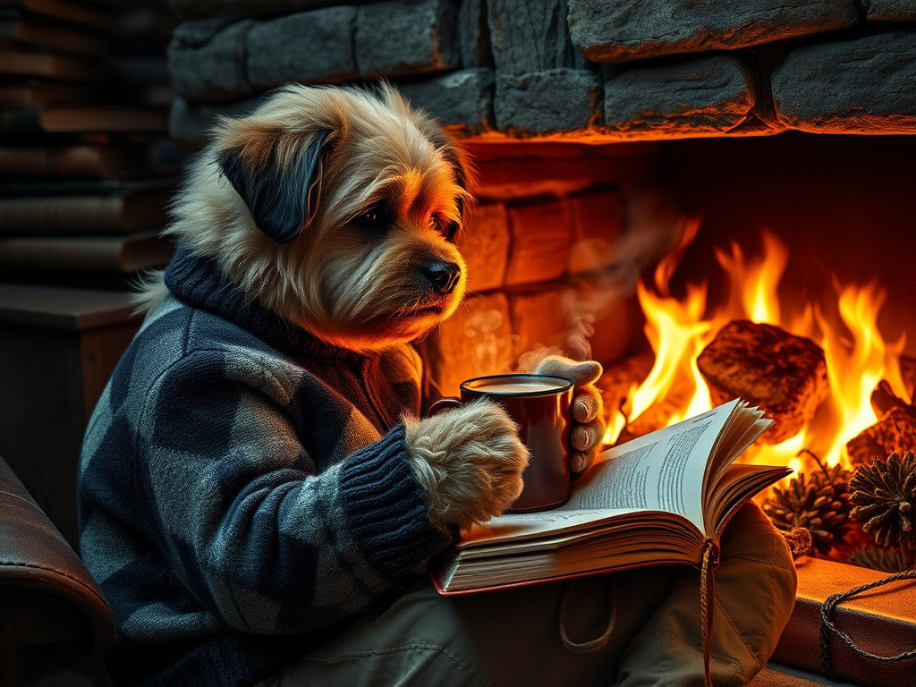 Dog Reading by Fireplace in Photorealistic Style