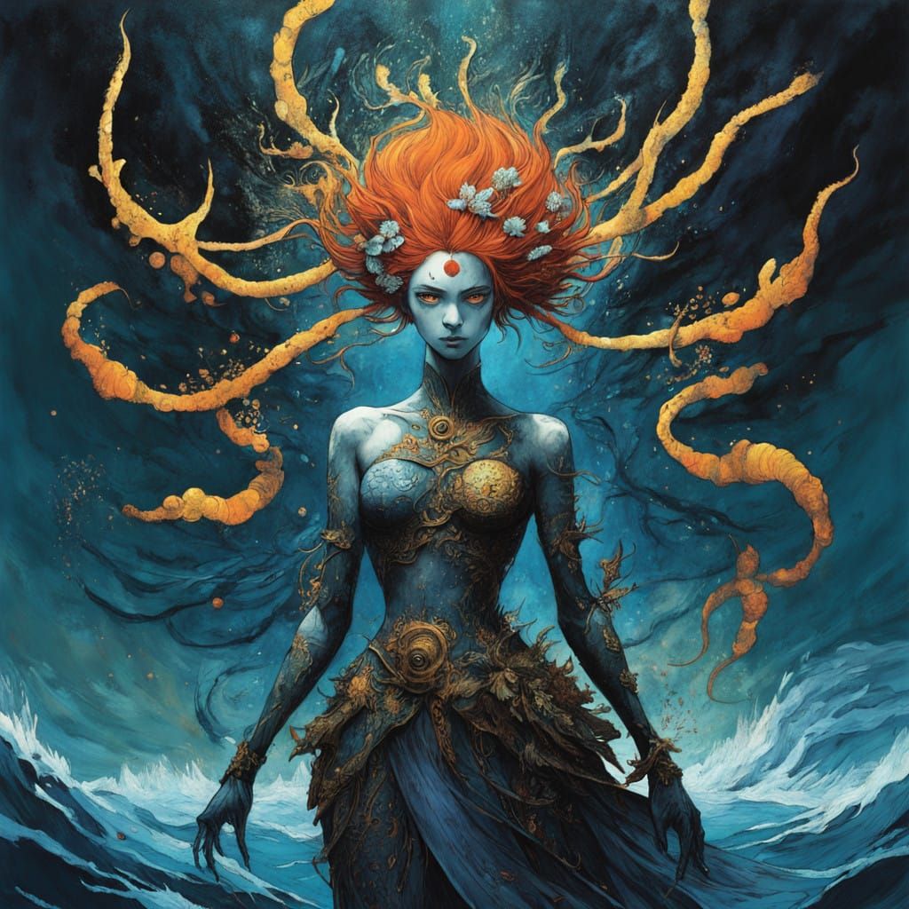 Undyne, Majestic Oceanic Queen in Dark, Bioluminescent Water...