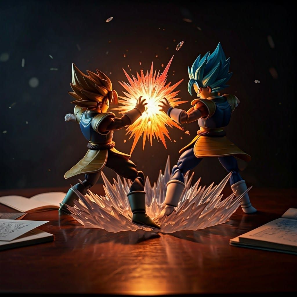 Epic Saiyan Warrior Battle Scene on Mahogany Desk