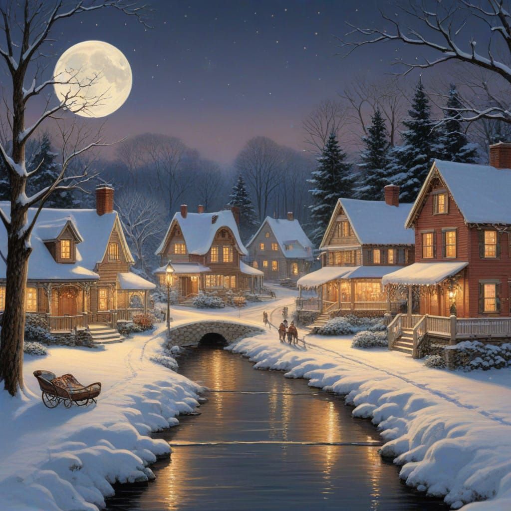 A Peaceful Winter Village Scene in Whimsical Holiday Style