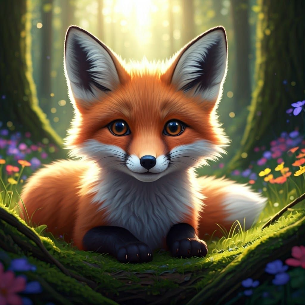 Adorable Fox Kit in Lush Enchanted Forest