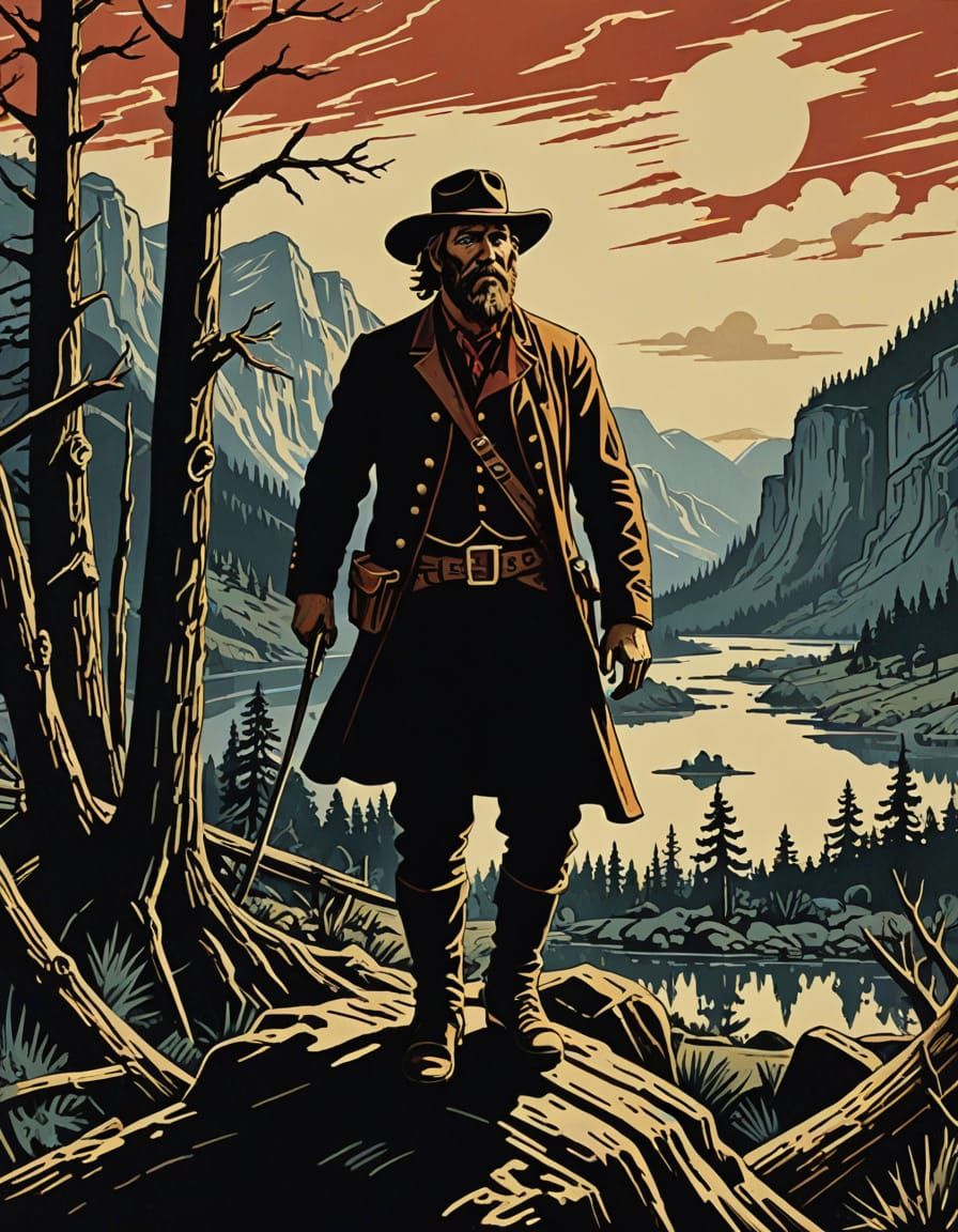 The Great American Frontiersman in Woodcut Expressionism