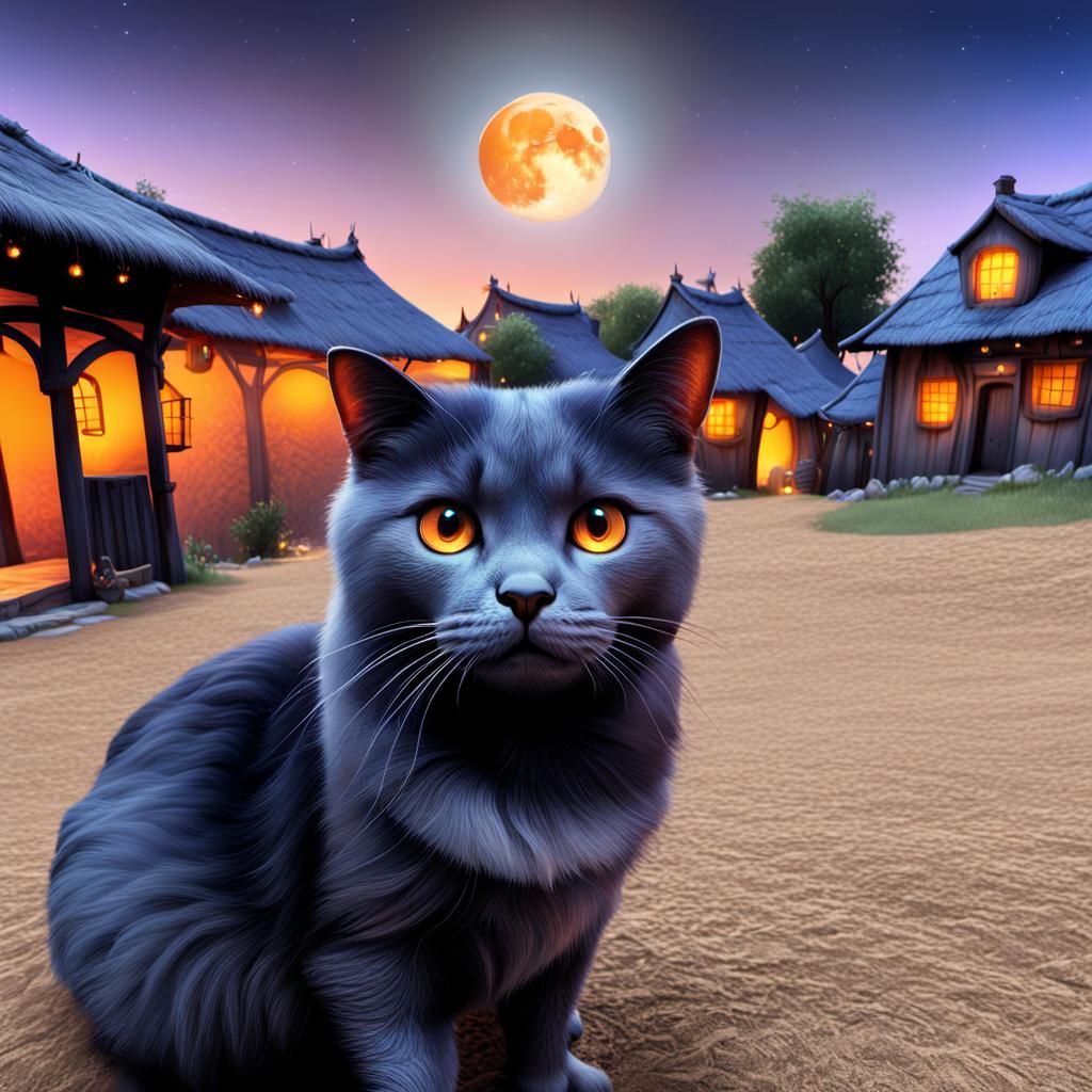 Dreamy Whimsical Village Under Glowing Moonlit Sky