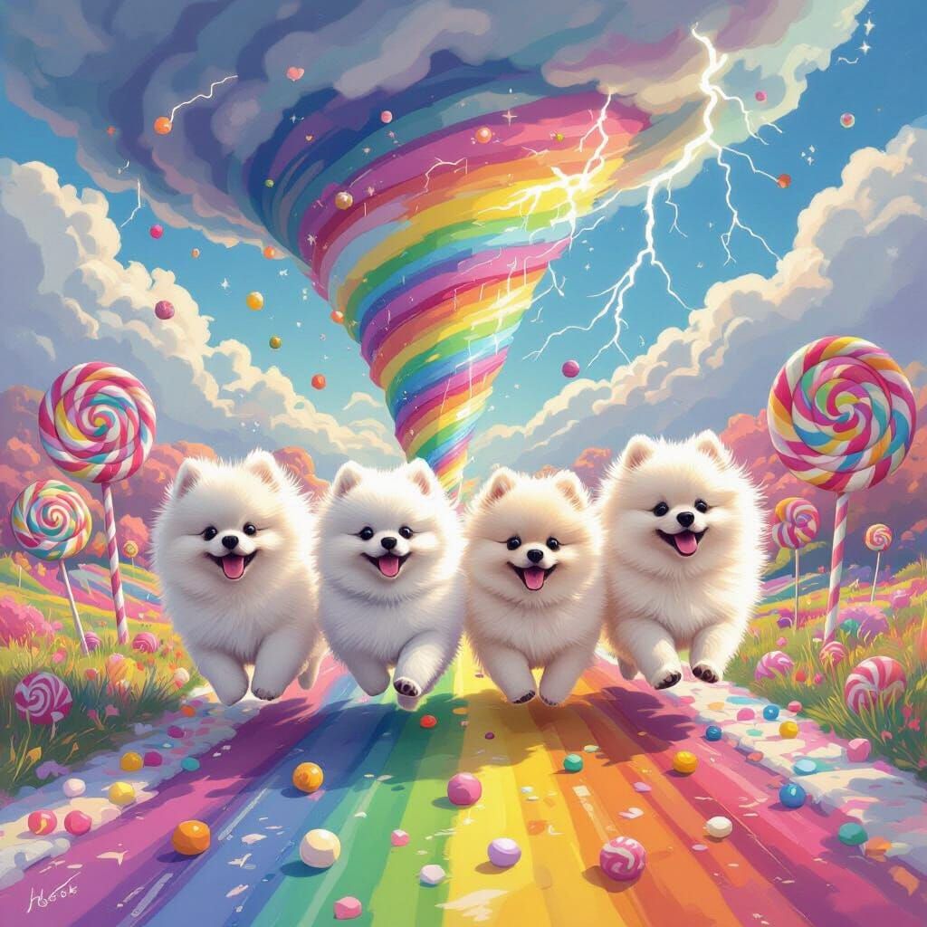 Pomeranians Race Through Candy Land Rainbow Tornado