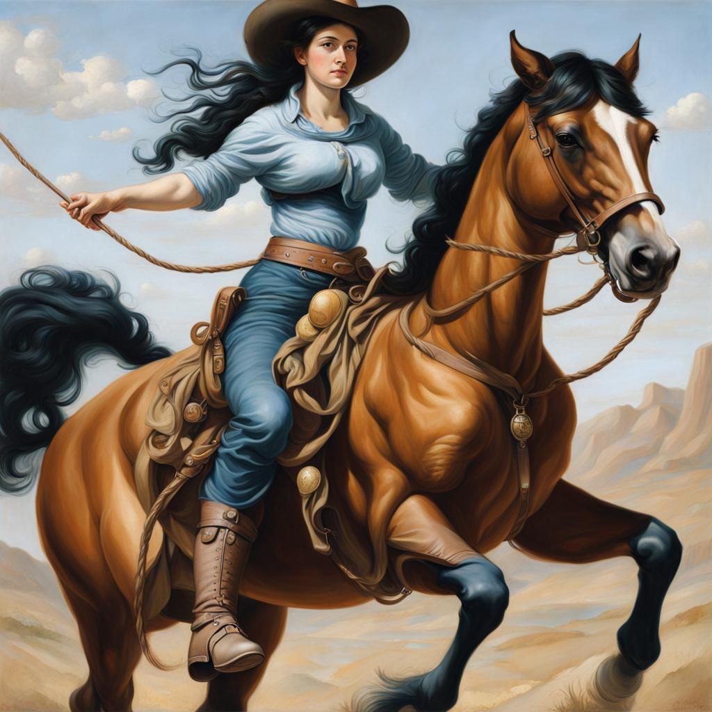 Cowgirl on Horse in Renaissance Painting Style