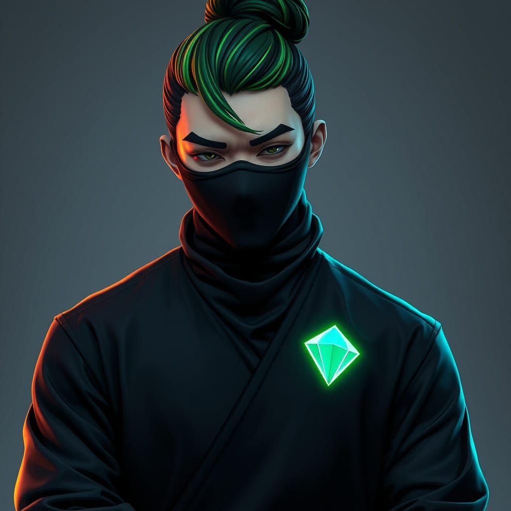 Japanese Man in Green Hair Chignon with Black Mask in Fortni...