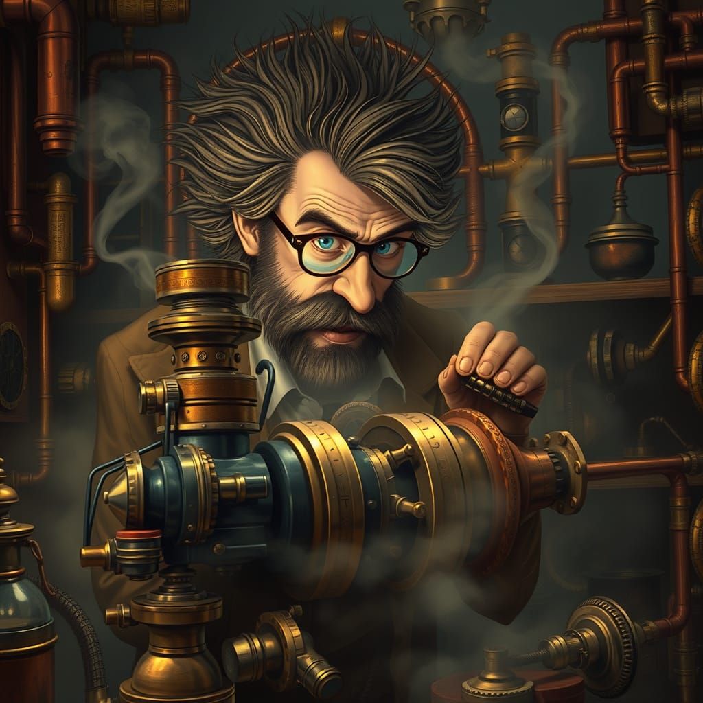 Mad Scientist Examines Steam-Powered Engine in Industrial Sc...