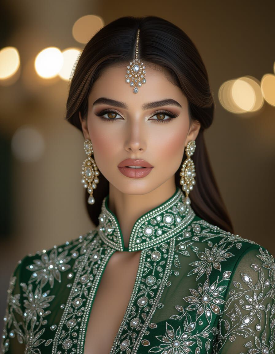 Elegant Middle Eastern Woman in Crystal Embroidered Couture