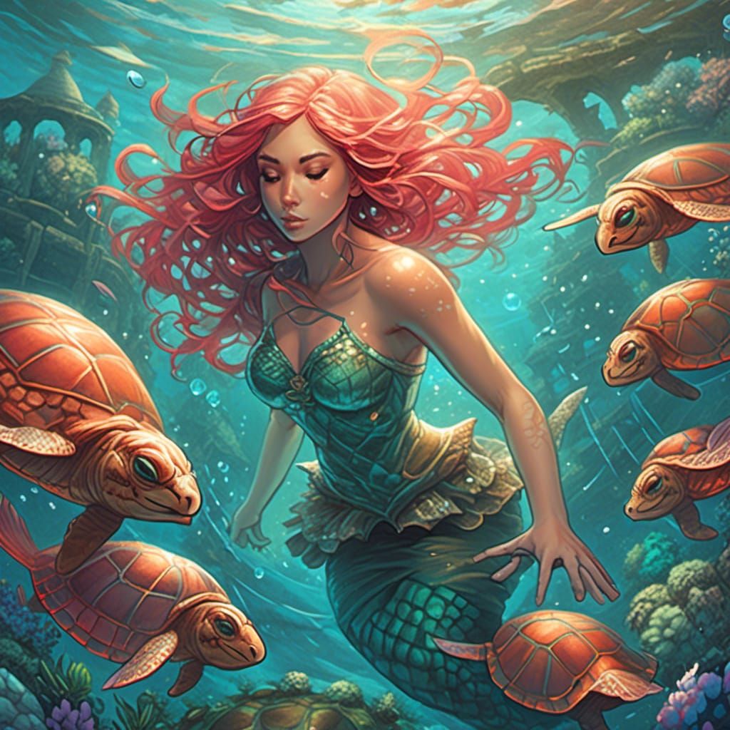 Mermaid and Turtles in Coral Reef Comic Art