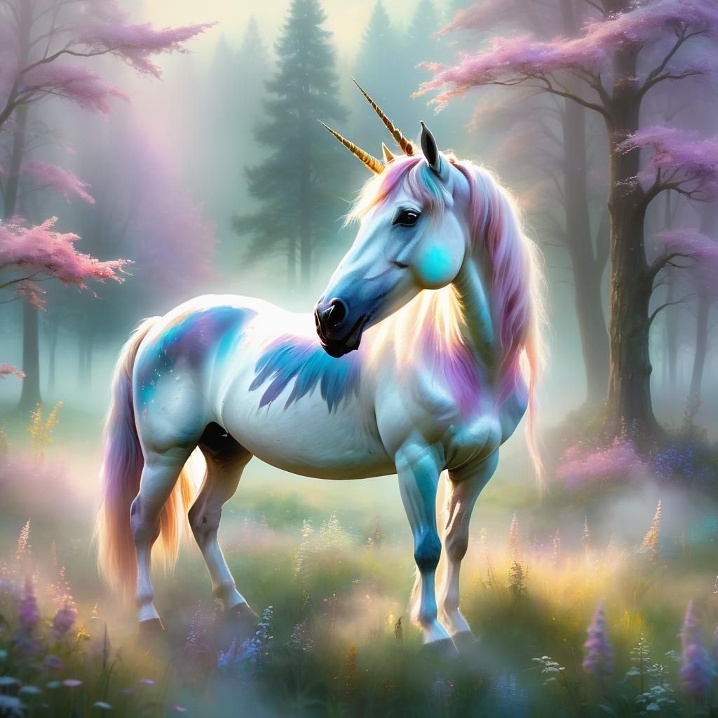 Unicorn in Misty Meadow: Ethereal Acrylic Painting