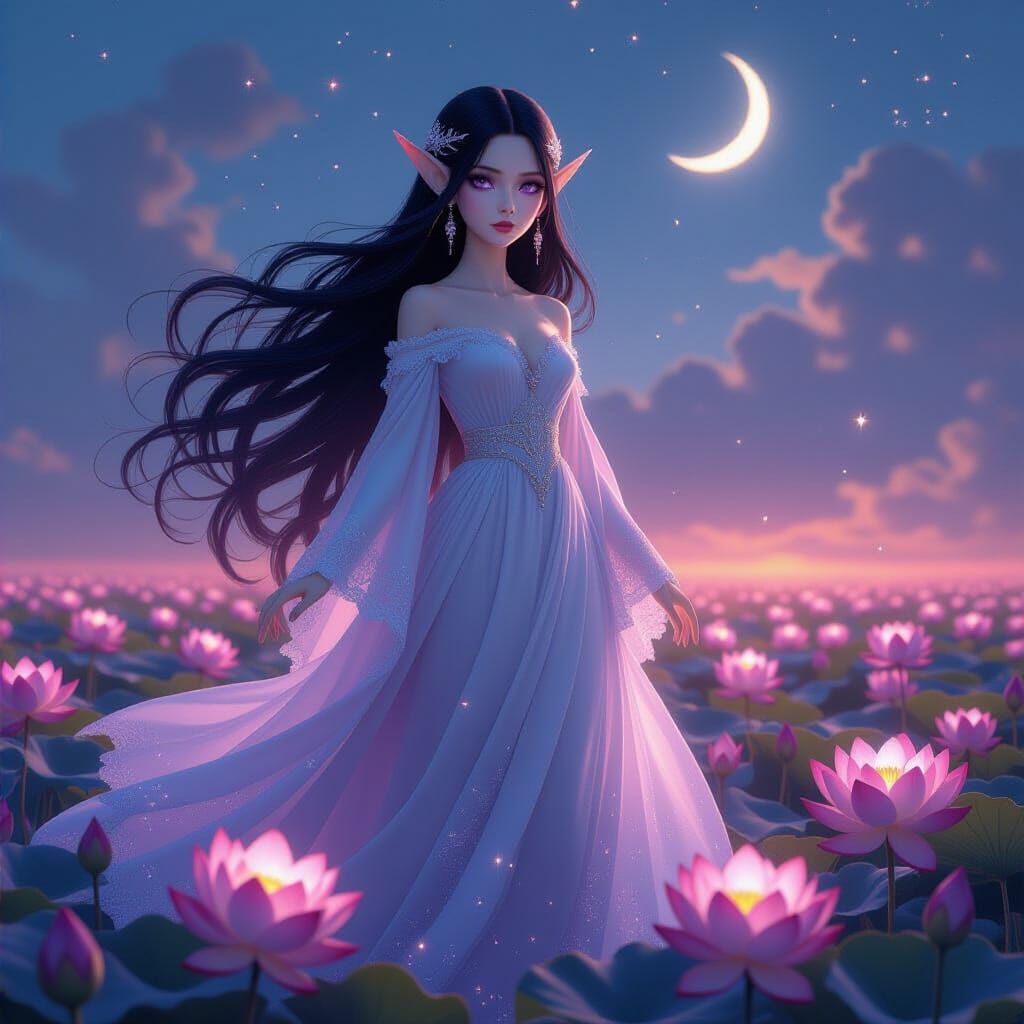 Porcelain Elf Doll in Moonbeam Dress - Dark Fantasy Art