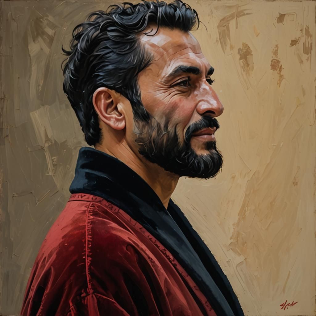 Handsome Man in Red Bathrobe, Impasto Oil Portrait