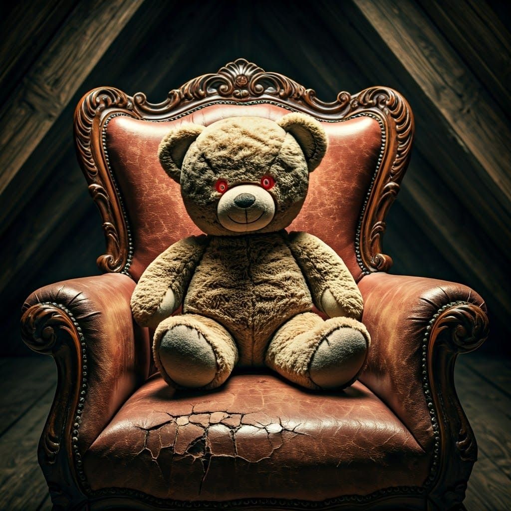 Vintage Teddy Bear with Glowing Eyes in Attic