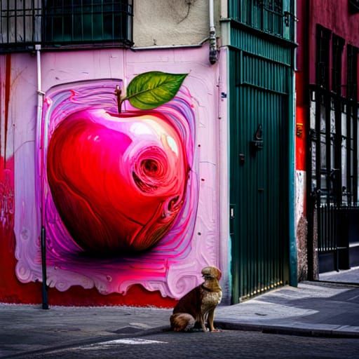 Pink Apple Sculpture with Abstract Backdrop