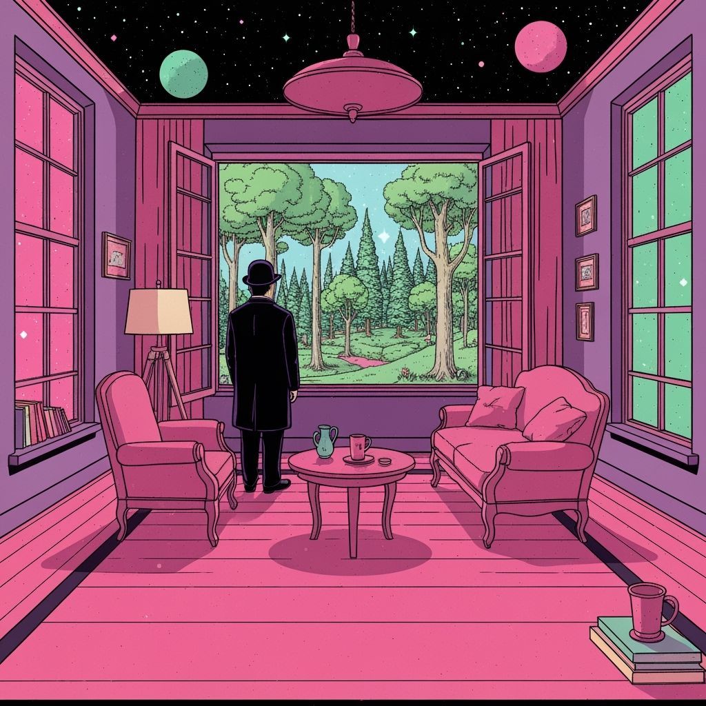 Man in Cosmic Living Room Gazes at Surreal Belgian Forest