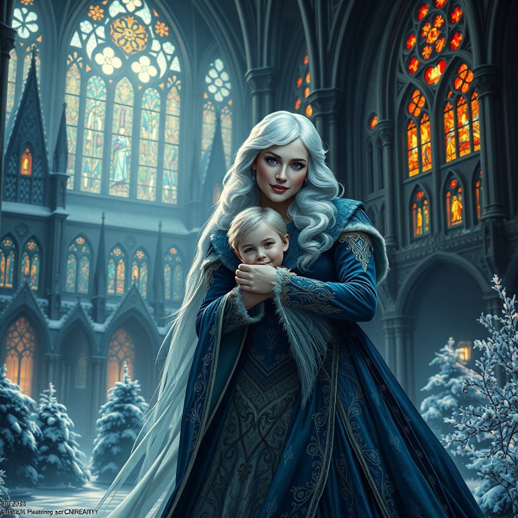 Elegant Winter Queen Embracing Son in Majestic Castle