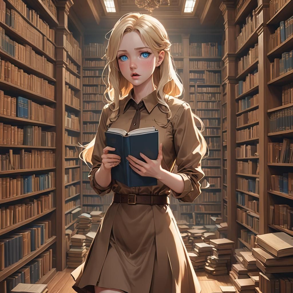 Anxious Girl in Library: 3D Anime Art