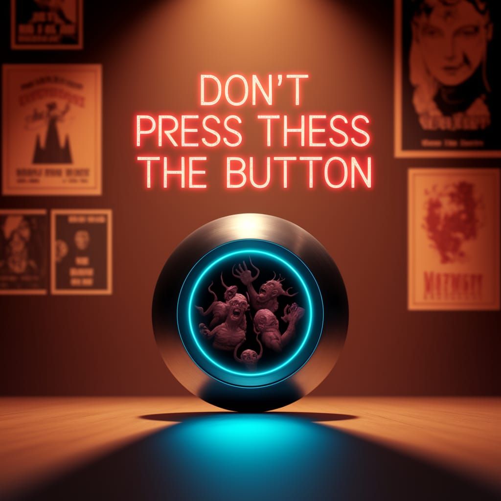 Eerie Blue Button with Ominous Warning Sign