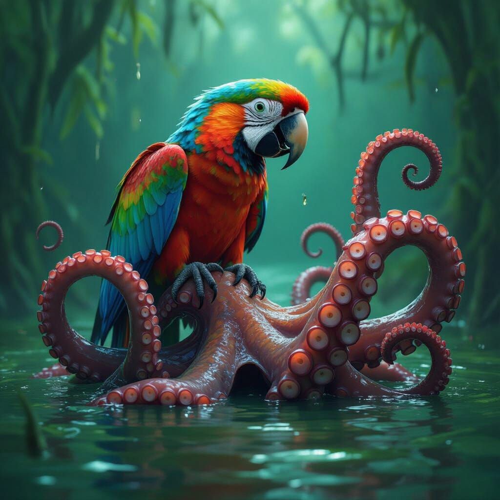 Parrot Snared by Tentacle in Bioluminescent Swamp