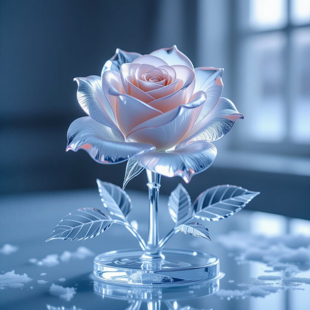 Delicate Rose Ice Sculpture with Translucent Glistening Peta...