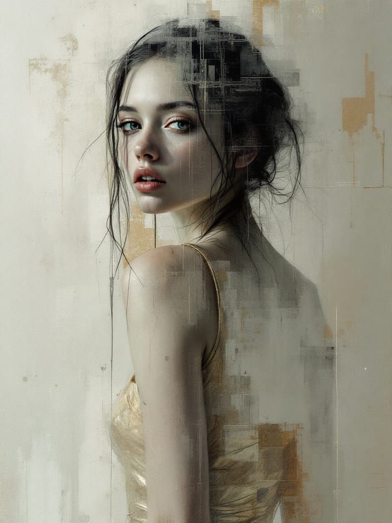 2030s Pin Up Woman in Gold Dress, Atmospheric Portrait