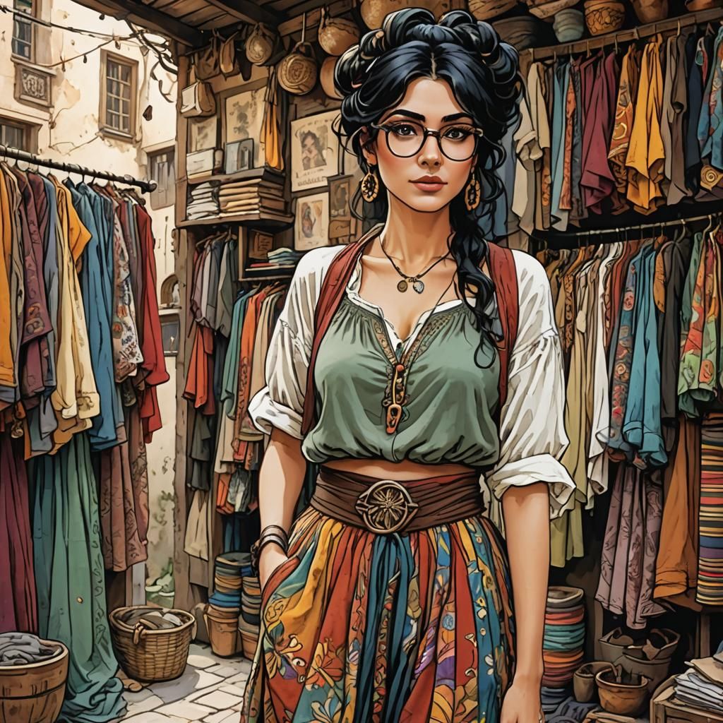 Woman Shopping for Gypsy Skirts in Animated Style