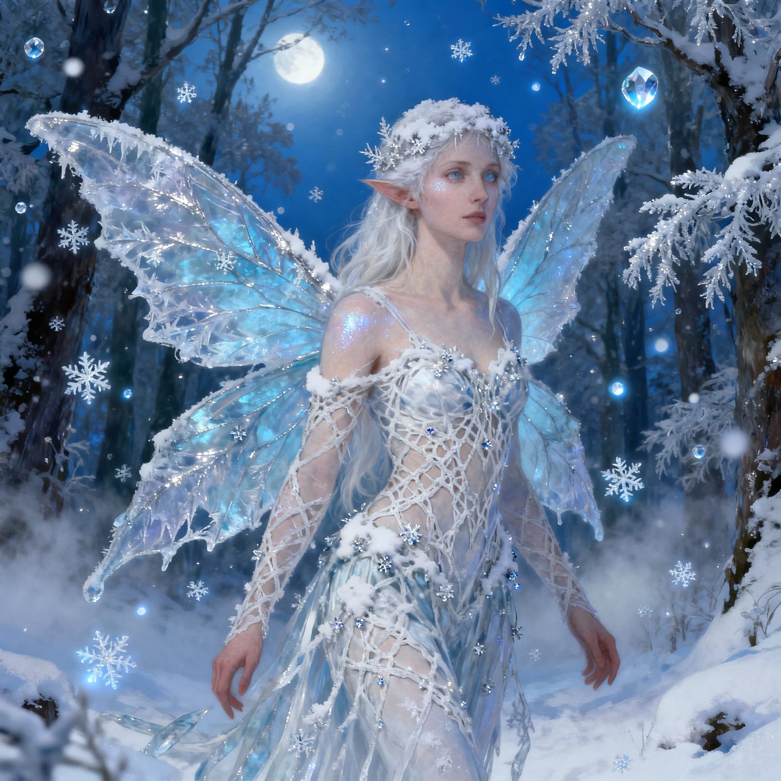 Ethereal Winter Fae Queen in Moonlit Forest