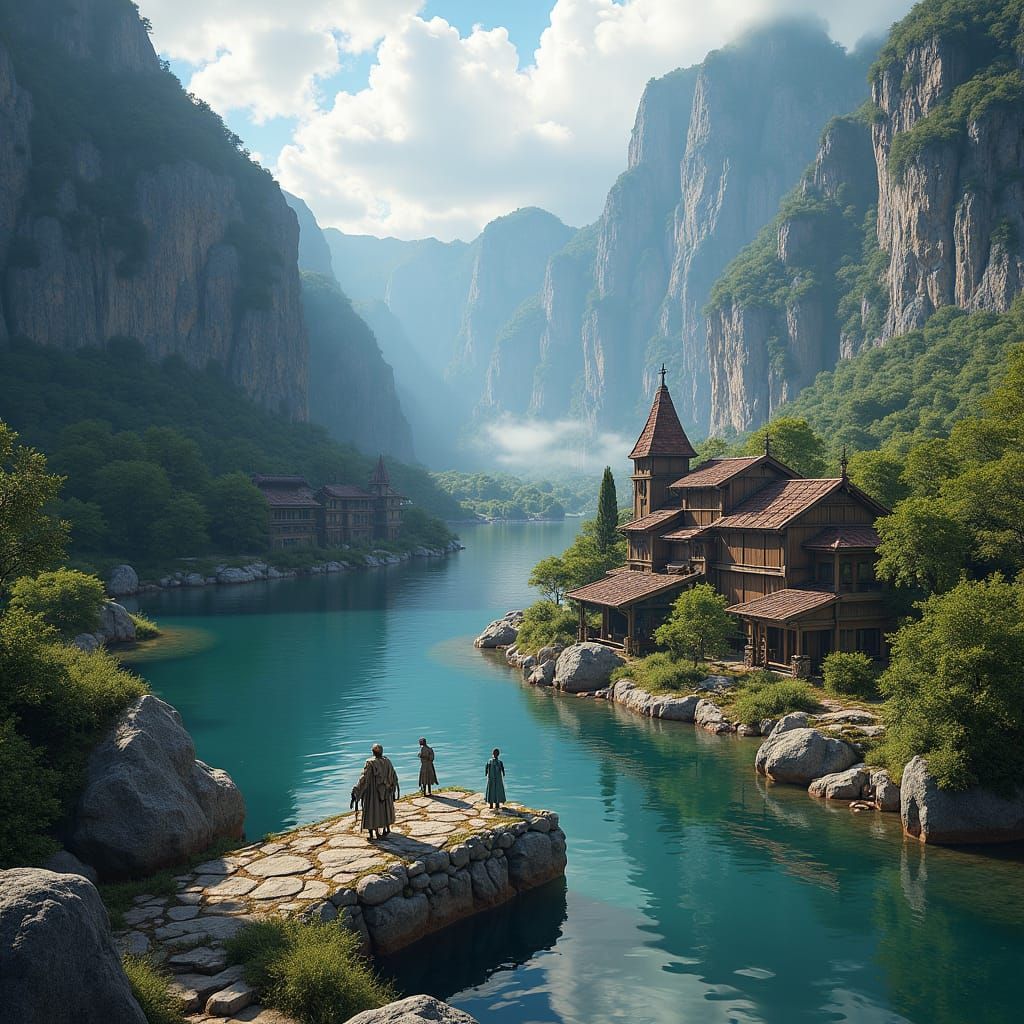 Neolithic Village at River Confluence: Detailed Matte Painti...