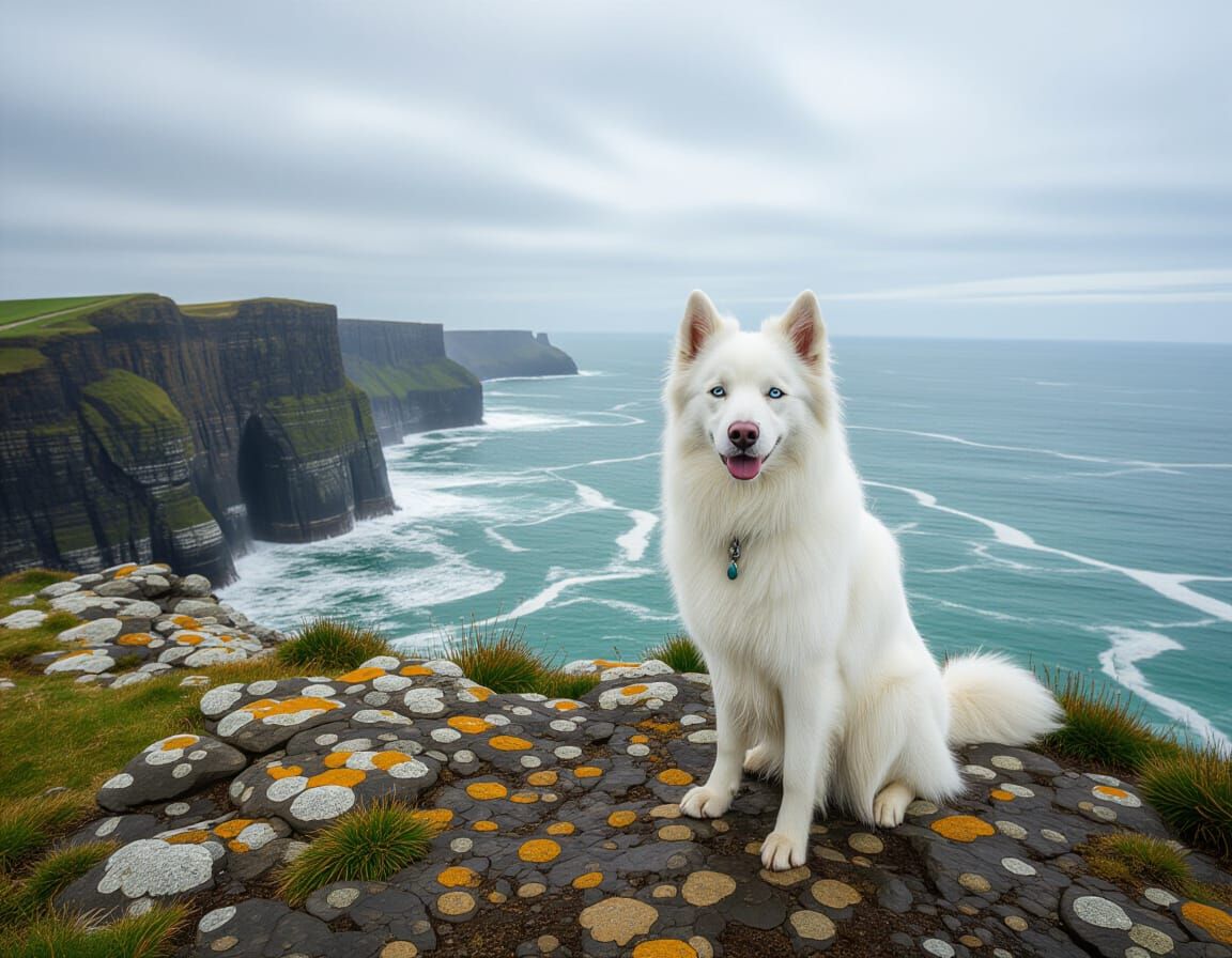 White Dog Overlooks Ocean From Rocky Cliffside