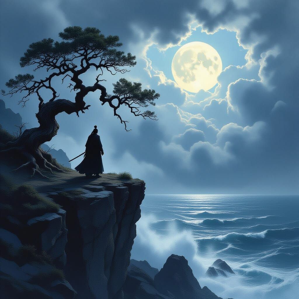 Samurai Warrior on Stormy Cliff - Dark Fantasy Illustration