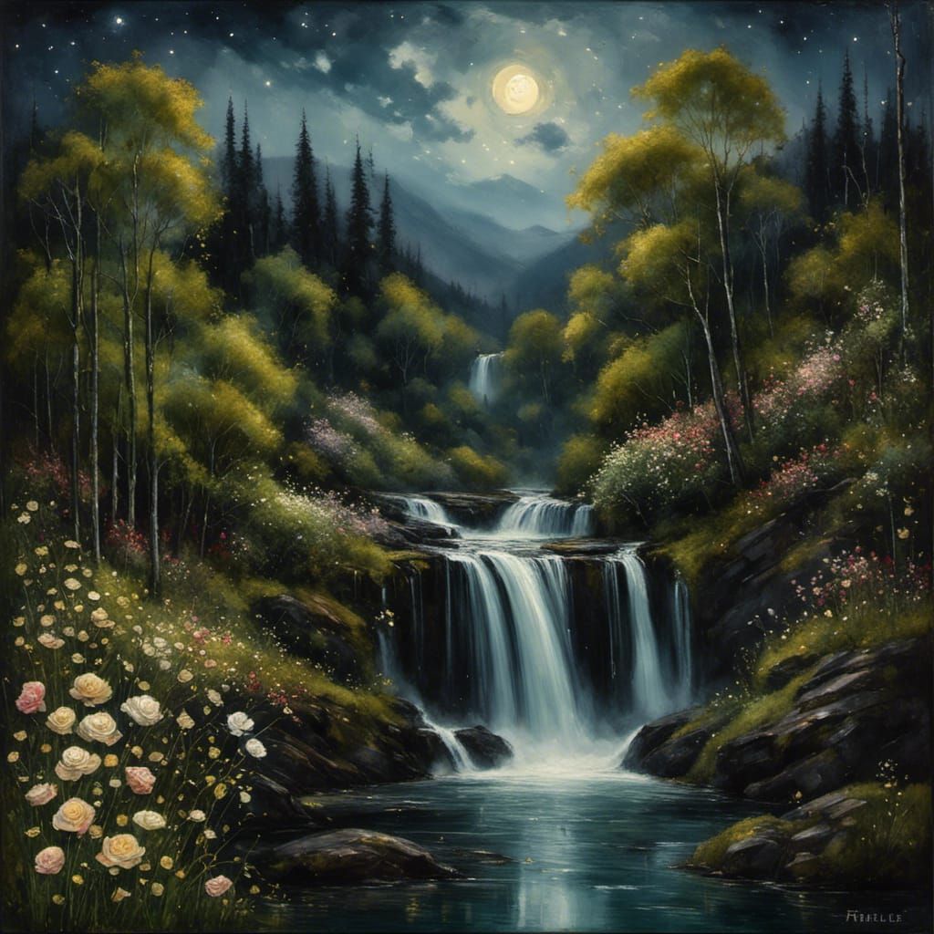 Surreal Waterfall Under Starry Night in Oil