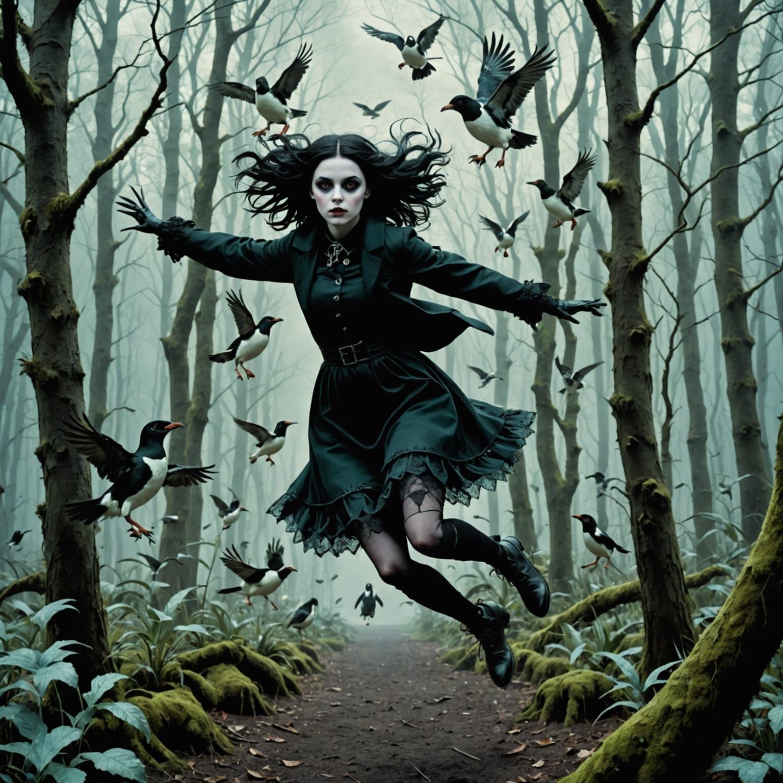 Goth Girl Leaps Through Whimsical Forest