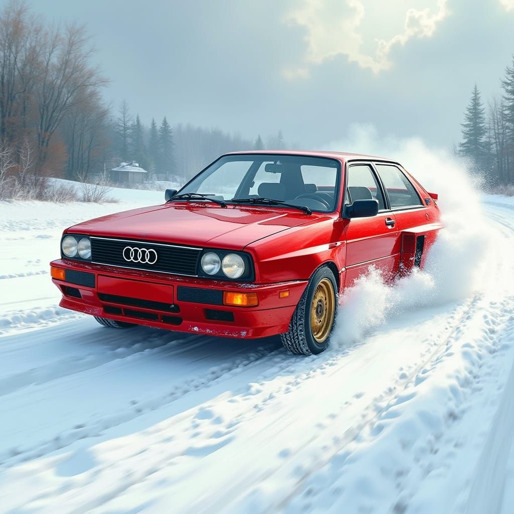 Fiery Red Audi Drifting on Snowy Track as Impasto Oil Painti...