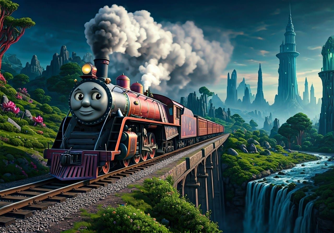 Mystical Steam Engine Chugs Through Dreamlike Landscape