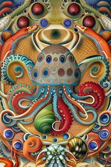 Octopus and Sea Life in Glass Jar Illustration
