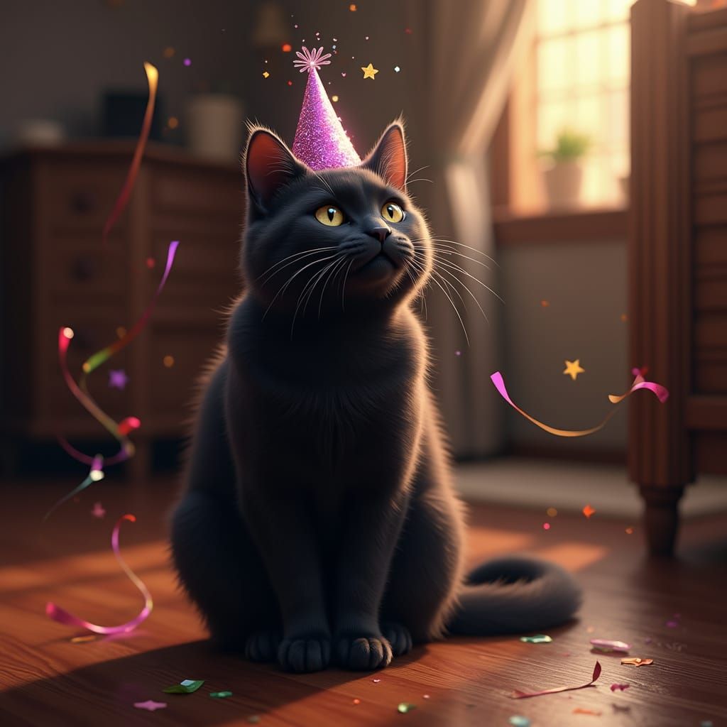 Majestic Black Cat in Whimsical Party Attire