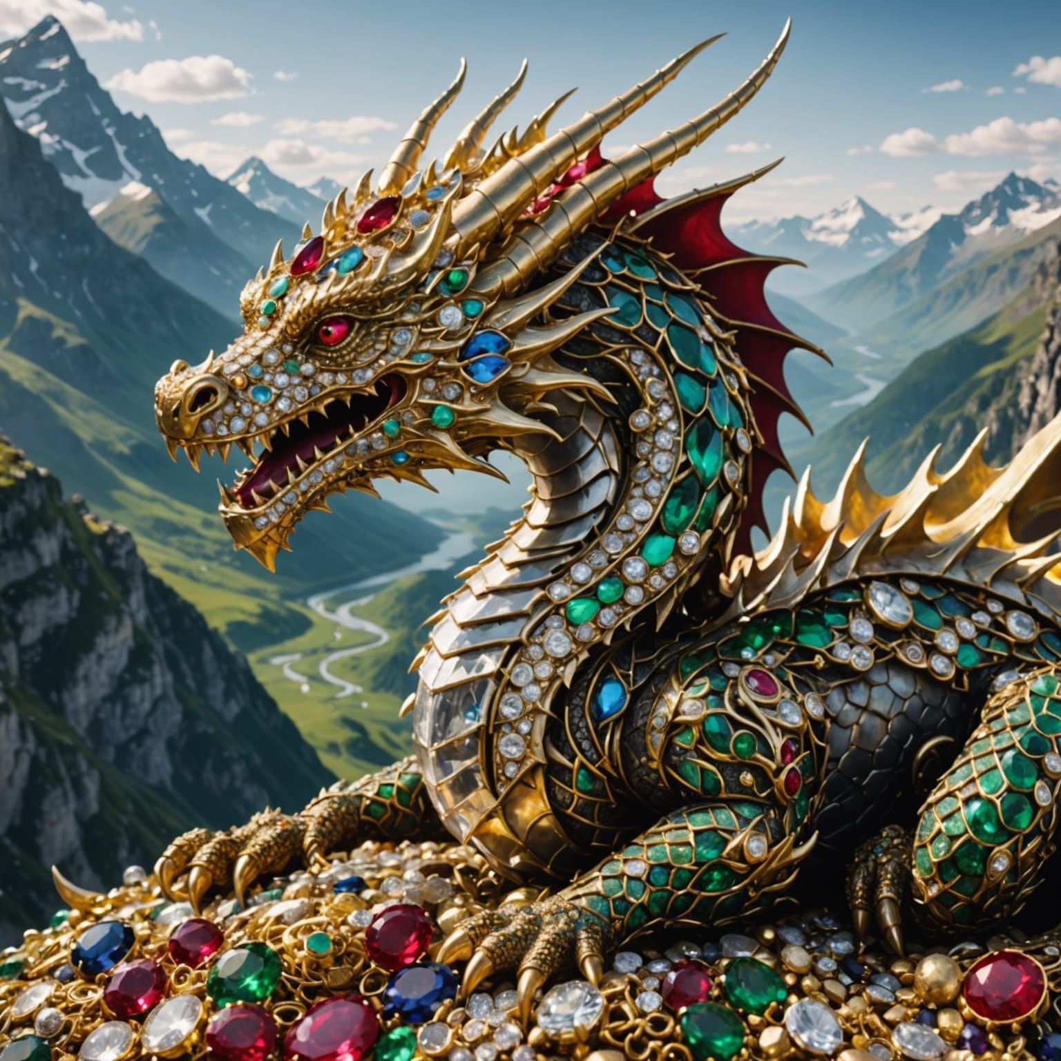 Dragon Guarding Treasure Hoard in Luxurious Jewels