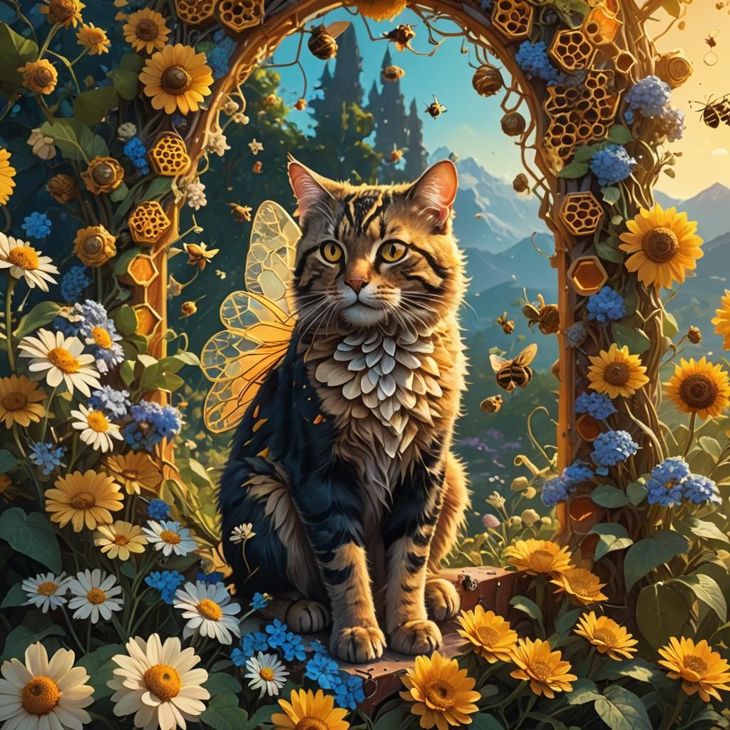 Cat in Bee Costume on Honeycomb Throne