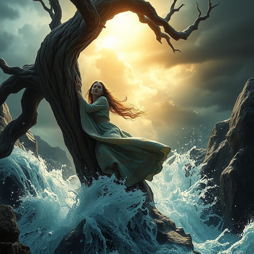 Woman Braves Fierce Storm in Futuristic Landscape