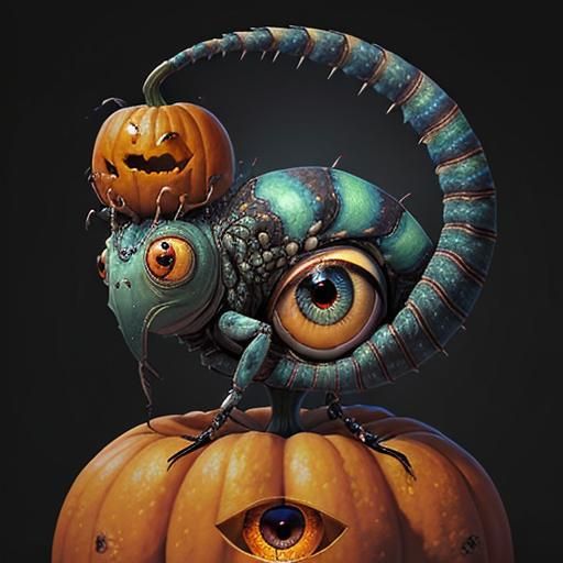 Surrealist Bug Sits on Pumpkin in Vibrant Lowbrow Art