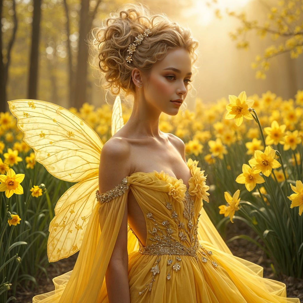 Regal Faerie Queen Amidst Daffodil Fields