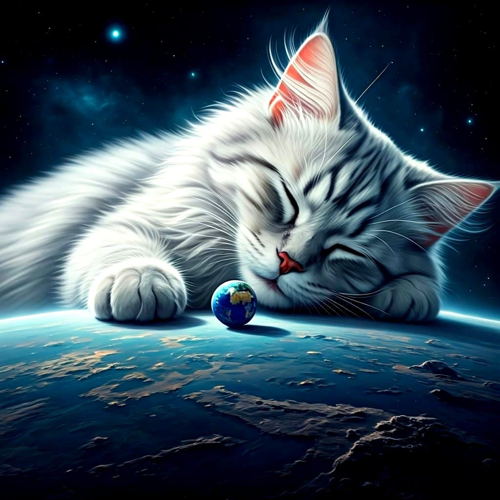 Giant Silver Cat Sleeps on Alien Planet