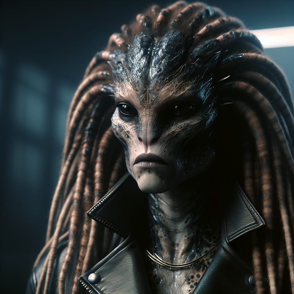 Alien Hunter in Leather Jacket: Hyperrealistic Portrait