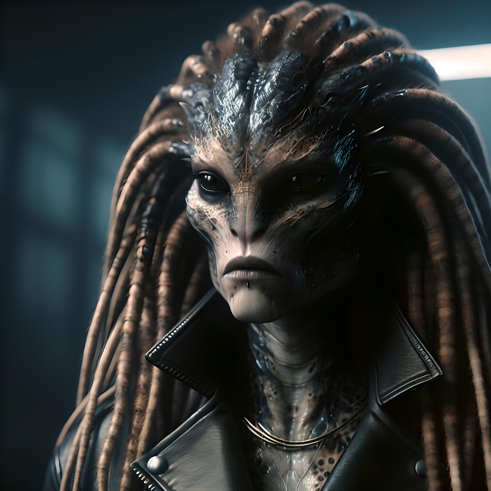 Hyperrealistic Alien Hunter in Leather Jacket