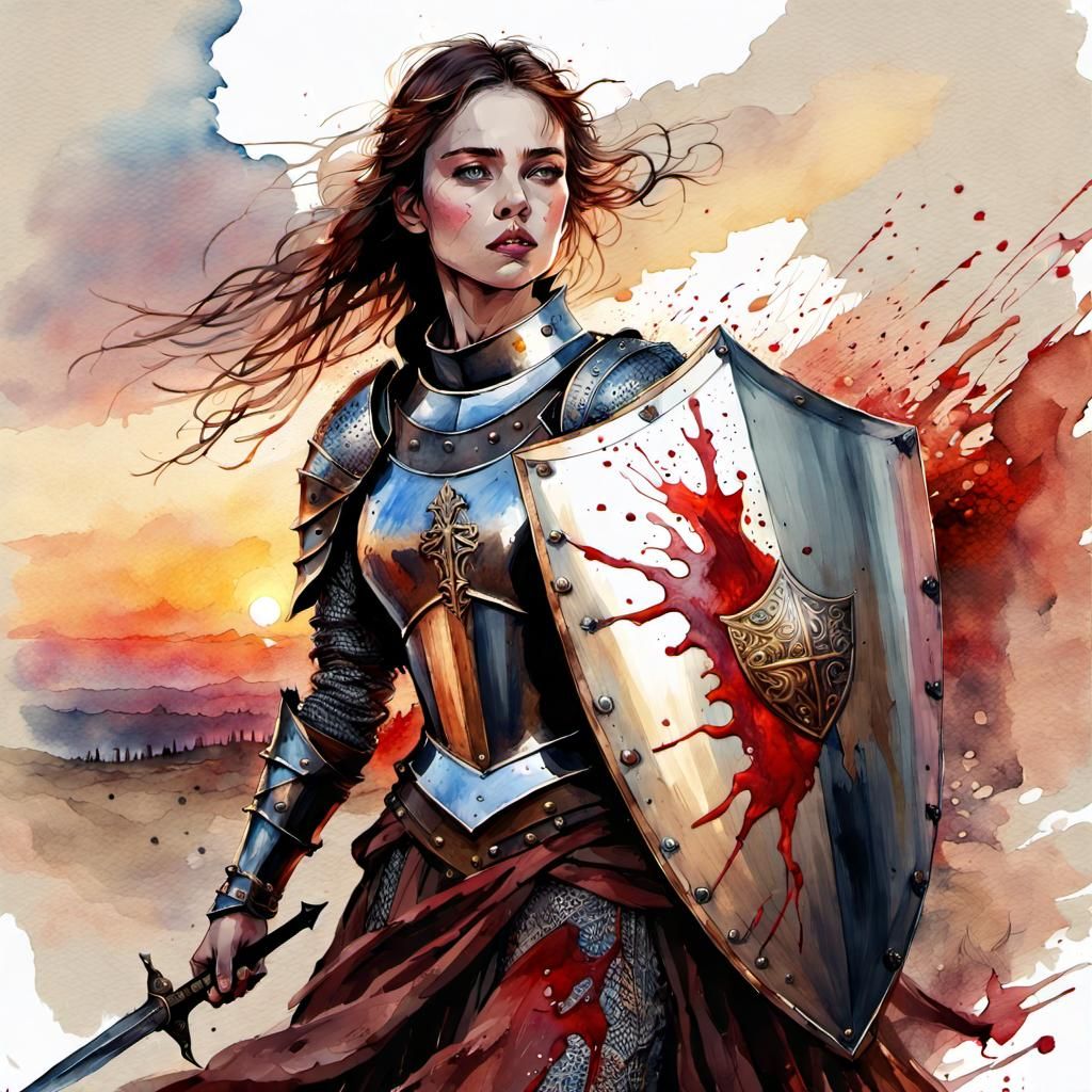 Medieval Knight Woman in Bloody Battle, Watercolor Art