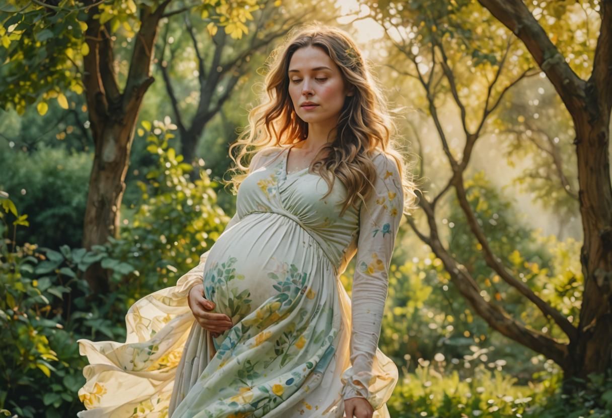 Pregnant Woman in Garden, Dreamy Watercolor Style