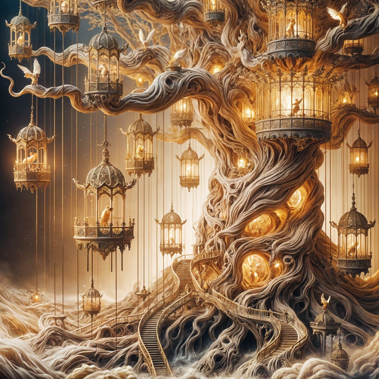 Mystical Tree with Golden Cages and Fox Spirits