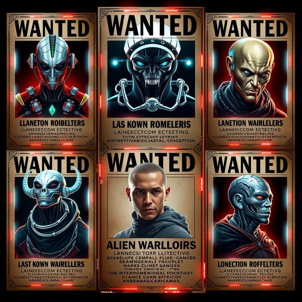 Dystopian Cybernetic Alien Criminal Wanted Posters